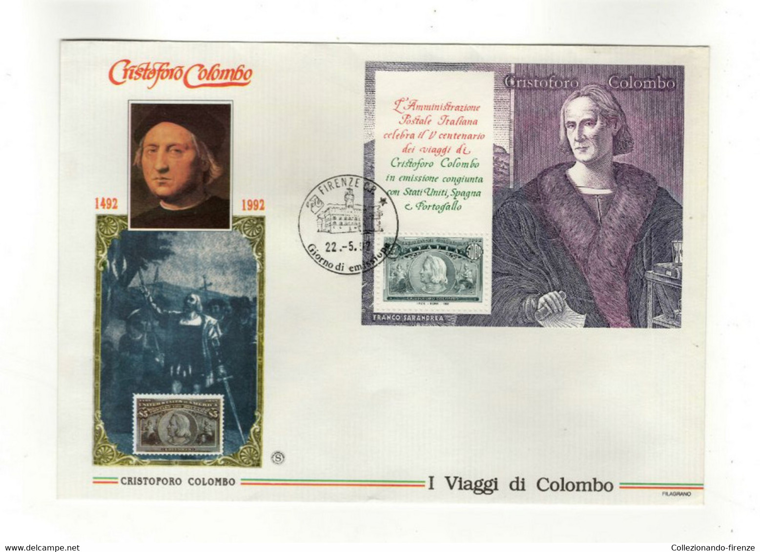 Busta Primo Giorno FDC Italia 1992 Viaggi Di Colombo - Cristoforo Colombo - Lotti E Collezioni