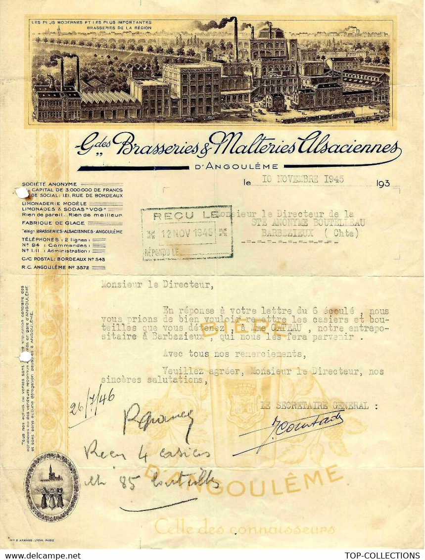 1945 ENTETE LES GRANDES BRASSERIES ALSACIENNES …à Angoulème Charente Pour Boutelleau à Barbezieux B.E.V.SCANS.1526 - 1900 – 1949