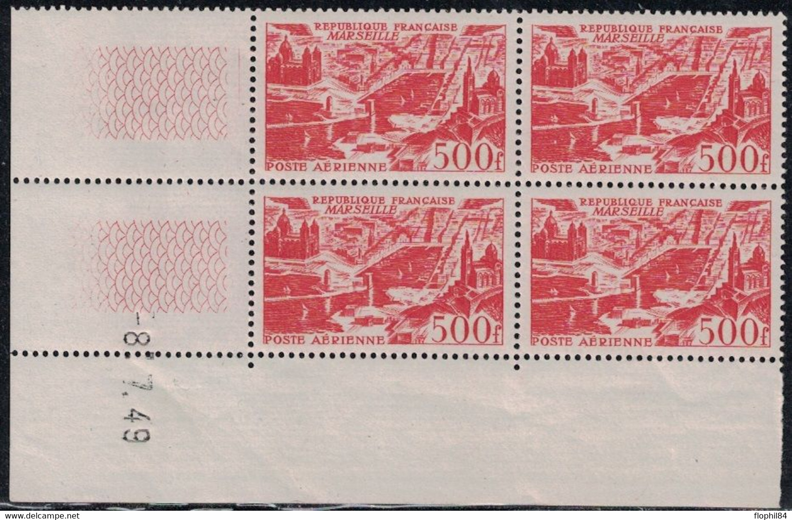 PA27 - MARSEILLE - BLOC DE 4 - COIN DATE - 8-7-1949 - COTE 350€. - Poste Aérienne