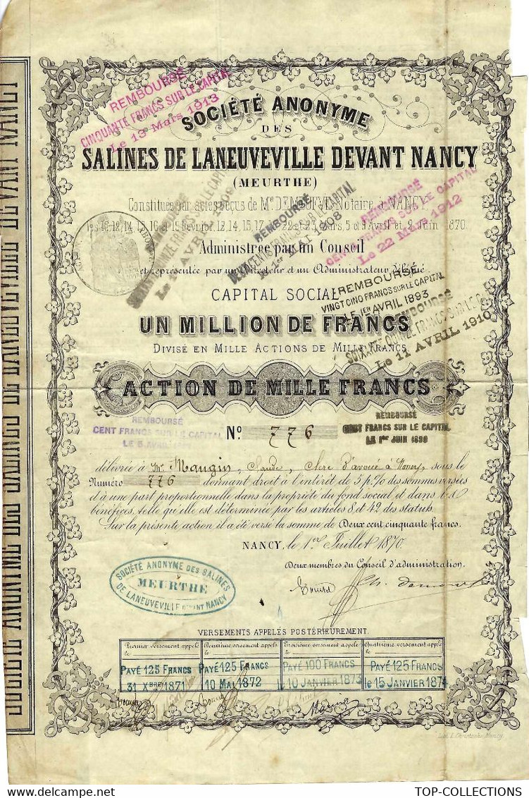 1870  Salines De Laneuveville Devant Nancy (Meurthe) Tite Nominatif Avec Cachet Et Signatures V. COTATION 80 € V.HIST. - Mineral