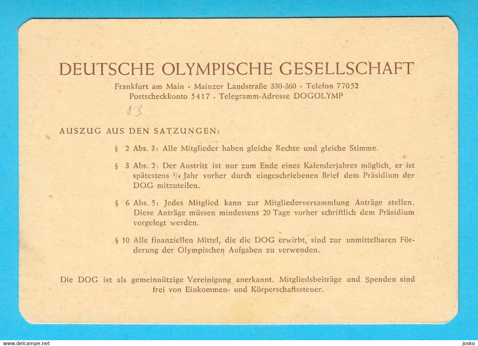 GERMAN OLYMPIC SOCIETY (Deutsche Olympische Gesellschaft - Wiesbaden) Vintage Membership Card * Olympic Games Olympiade - Bekleidung, Souvenirs Und Sonstige