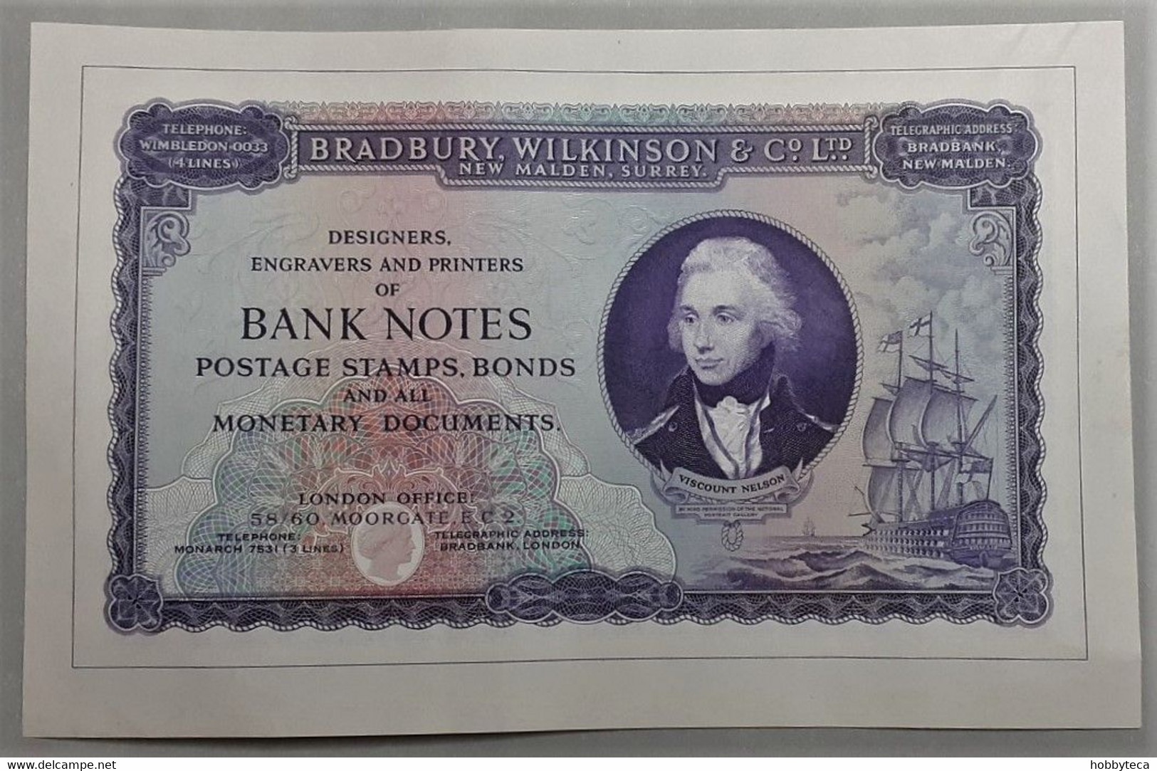 BRADBURY, WILKINSON & CO. LTD SURREY 1950's PROMOTIONAL & ADVERTISING BANKNOTE LORD NELSON & VICTORY SHIP AUNC. RARE! - Autres & Non Classés