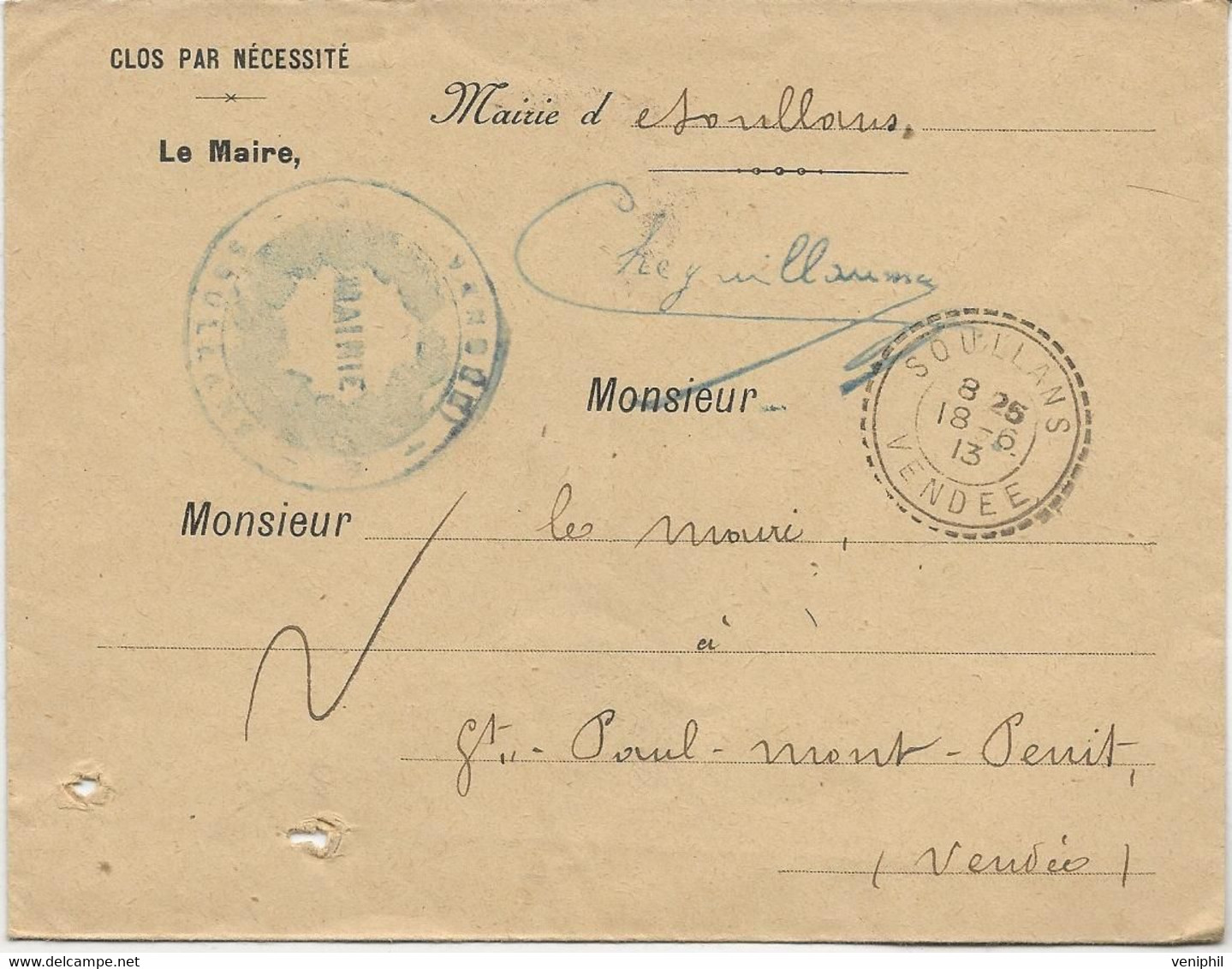 LETTRE EN FRANCHISE MAIRIE DE SOULLANS -VENDEE -  OBLITEREE CAD POINTILLE 1913 - Civil Frank Covers