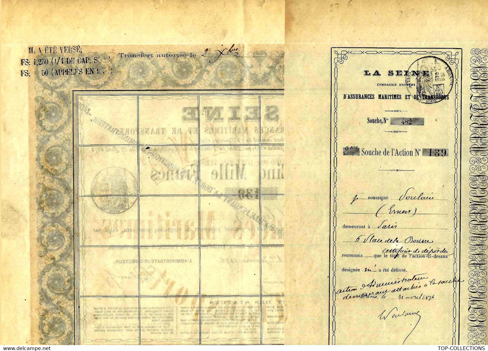 1876 RARE ACTION ASSURANCES MARITIMES ET DE TRANSPORTS Paris Titre Nominatif V.SCANS+HISTORIQUE - Banque & Assurance