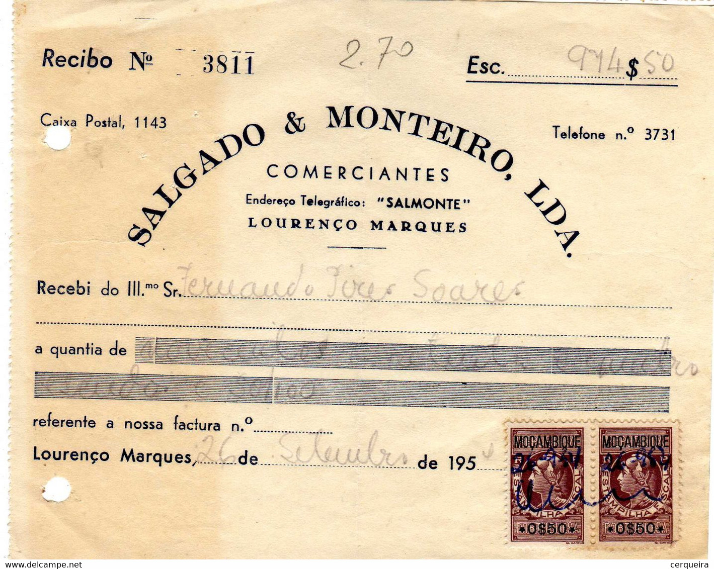 SALGADO & MONTEIRO ,LDª-  RECIBO Nº 3811 - Cartas & Documentos