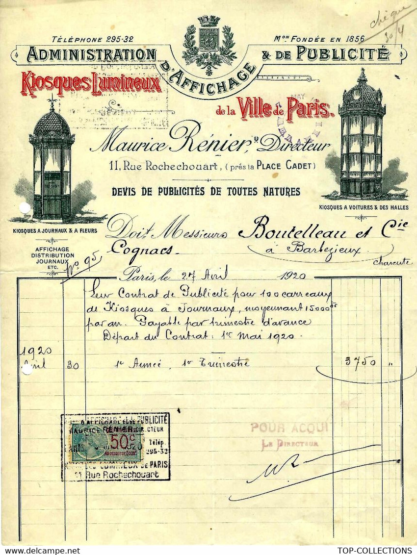 1920 LES KIOSQUES PARISIENS  PUBLICITE ENTETE ADMINISTRATION DE LA PUBLICITE  VILLE DEPARIS  Pour Boutelleau à Cognac V. - 1900 – 1949