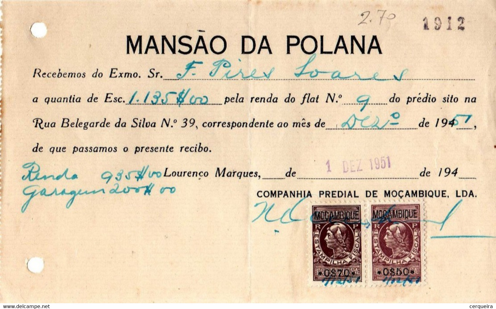 MANSÃO DA POLANA 0$70 + 0$50 FISCAIS STAMPS - Cartas & Documentos