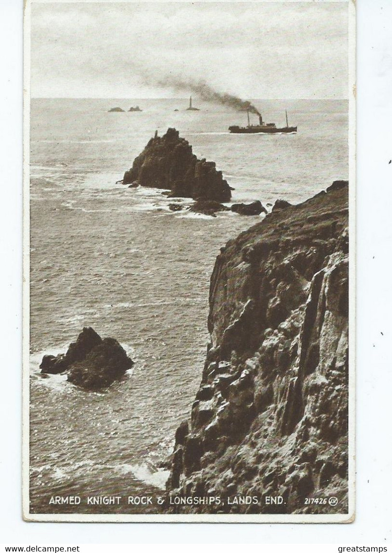 Postcard Cornwall Lands' End Long Ships Lighthouse Armed Knight Rock Posted 1934 - Land's End