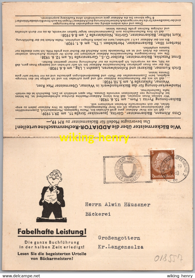 Berlin Charlottenburg Wilmersdorf - Firmenkarte Rechenmaschinenfabrik Addiator C.Kübler 1939 Nach Großengottern Bäckerei - Wilmersdorf