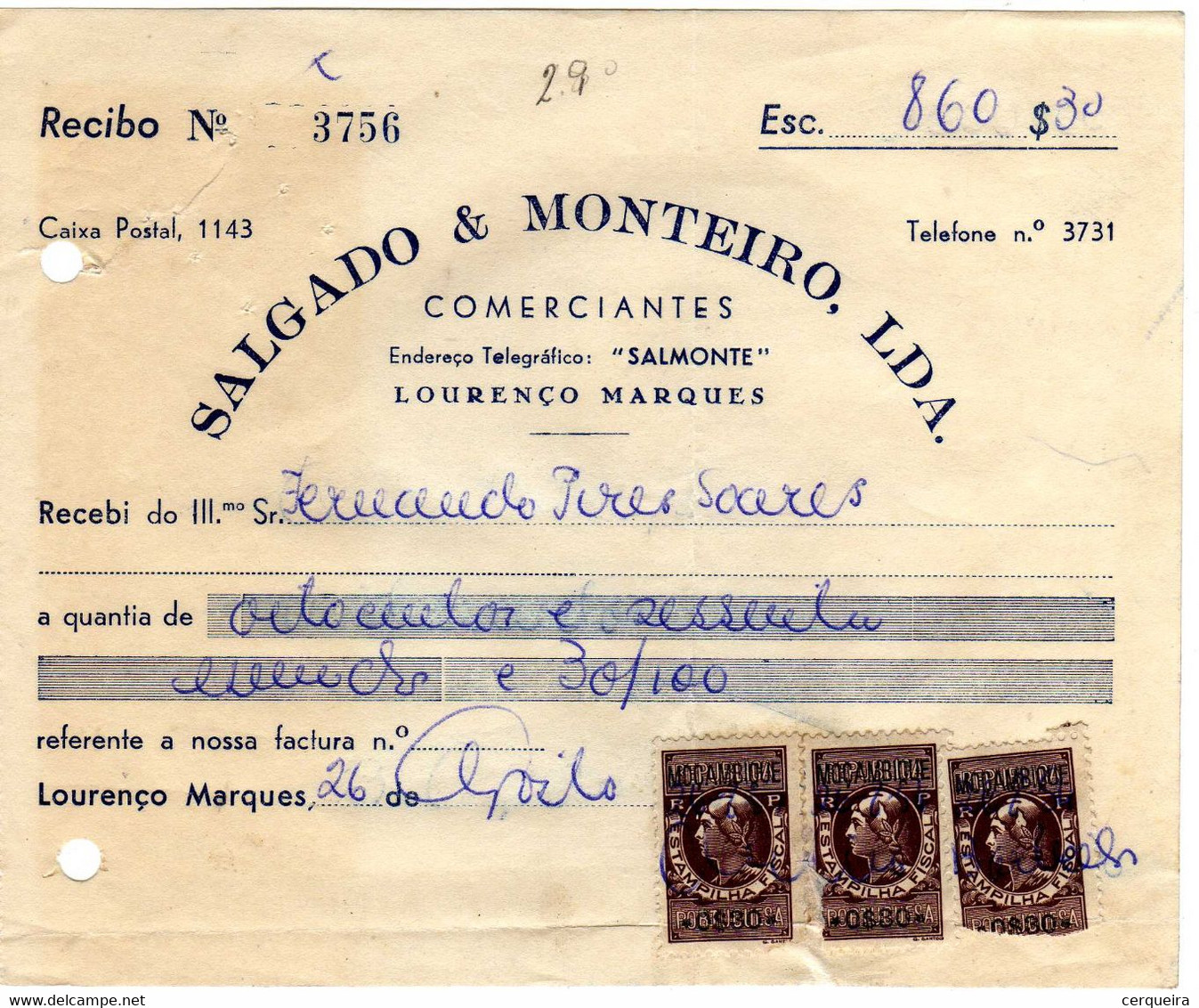 SALGADO & MONTEIRO ,LDª-  RECIBO Nº 3756 - Cartas & Documentos