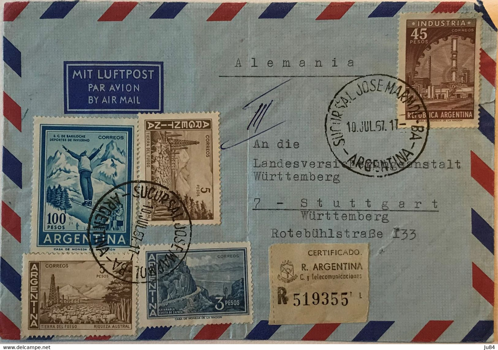 Argentine - Surcusal José Marmol - Lettre Recommandée Avion Pour L'Allemagne - Bel Affranchissement - 10 Juillet 1967 - Used Stamps