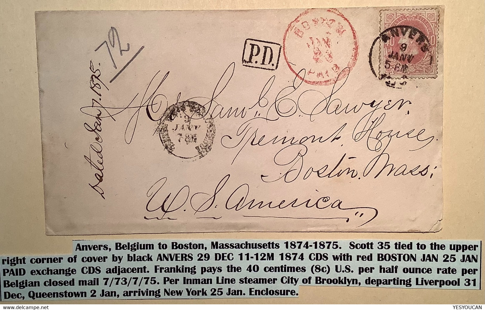 ANVERS 1875 Transatlantic Mail Cover To Boston, USA Per Inman Line Franked 1868-78  40c (Belgique Lettre Belgium Cover - 1869-1883 Leopold II