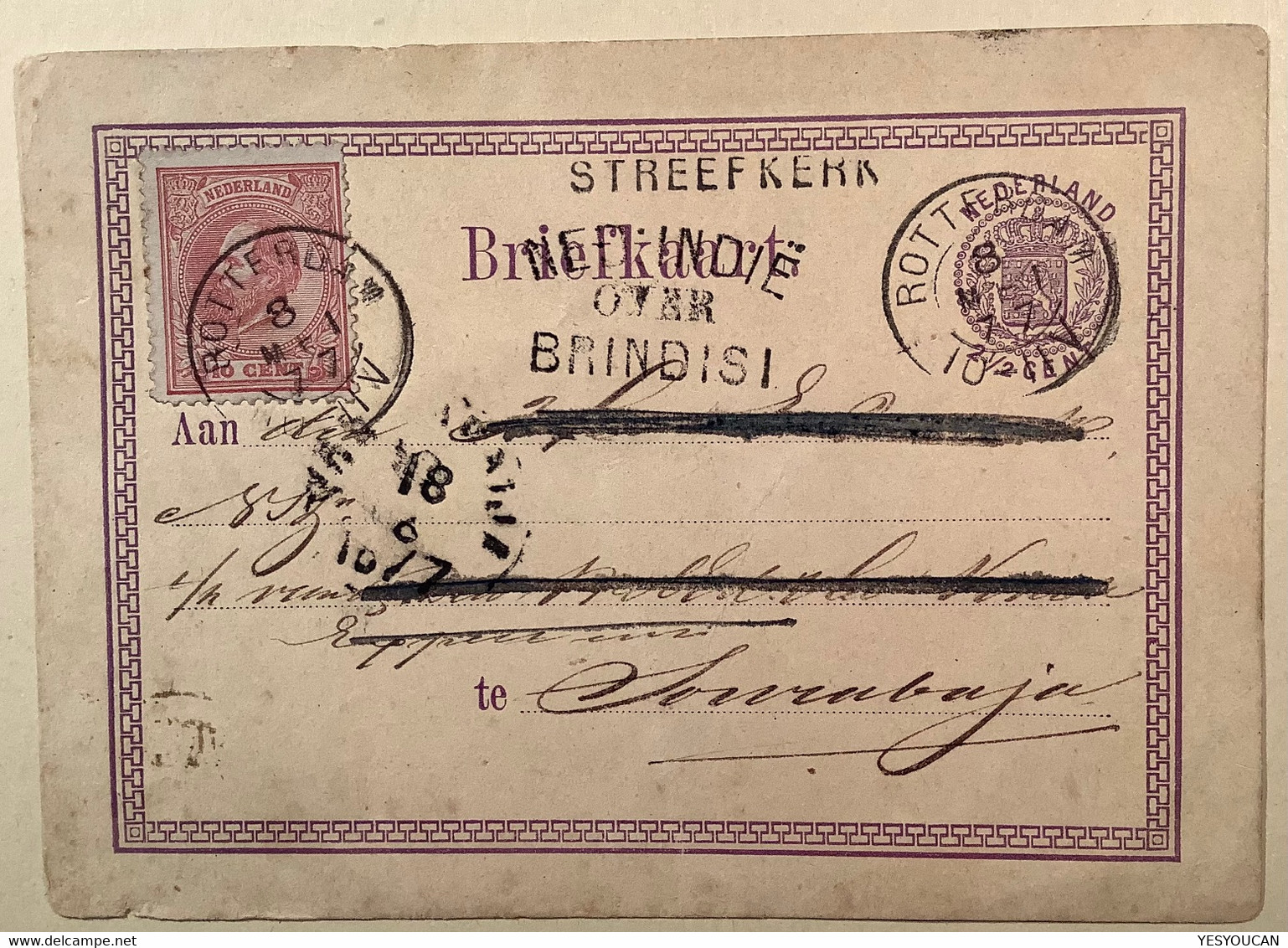 RRR ! ROTTERDAM1877Streefkerk Nederland BRIEFKAART ! >SURABAYA Netherlands Indies Via Brindisi (Indie Cover Postal Card - Lettres & Documents