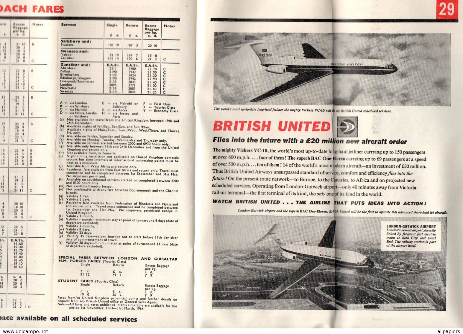 Winter Timetable 1963/64 British United - International Route Map - Format : 22x9 Cm Soit 32 Pages - Horarios