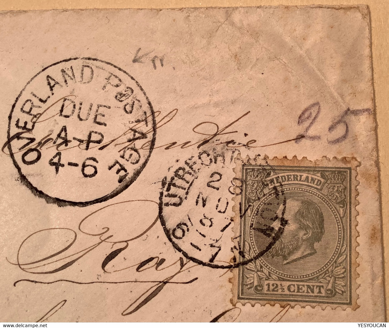 RARE „OVERLAND POSTAGE DUE“ 1887 Cover Netherlands UTRECHT STATION Via Brindisi> Lord Reay, Bombay INDIA - Briefe U. Dokumente