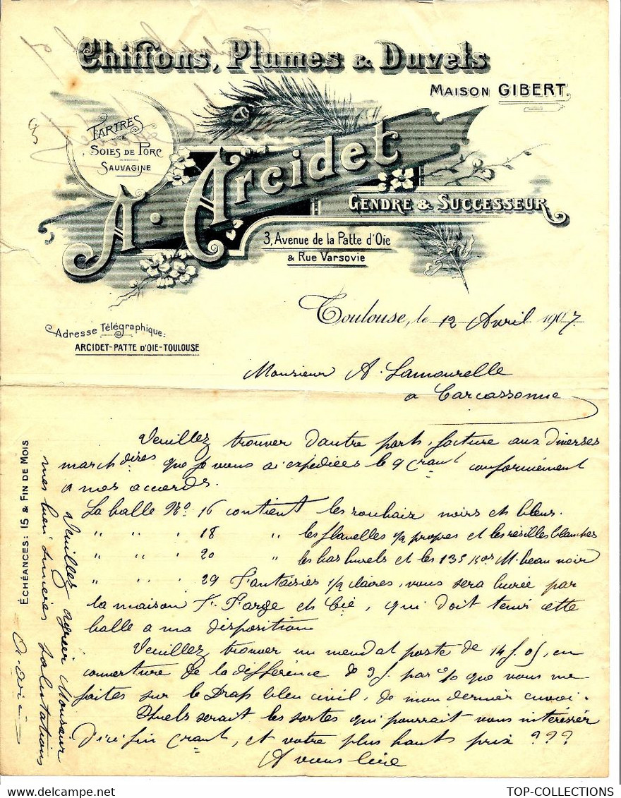 1907 CHIFFONS PLUMES DUVETS à Toulouse A. Arcidet Pour Lamourelle à Carcassonne V.SCANS - 1900 – 1949