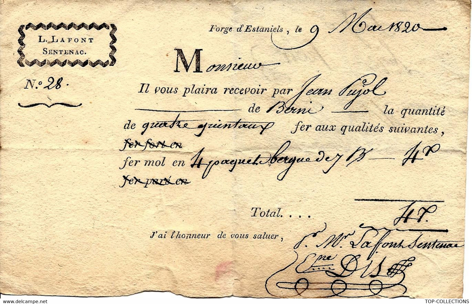 RARE BORDEREAU DE TRANSPORT L. LAFONT DE SENTENAC FORGE D ESTANIELS ARIEGE 1820 T.B.E. V. SCANS ET HISTORIQUE - 1800 – 1899