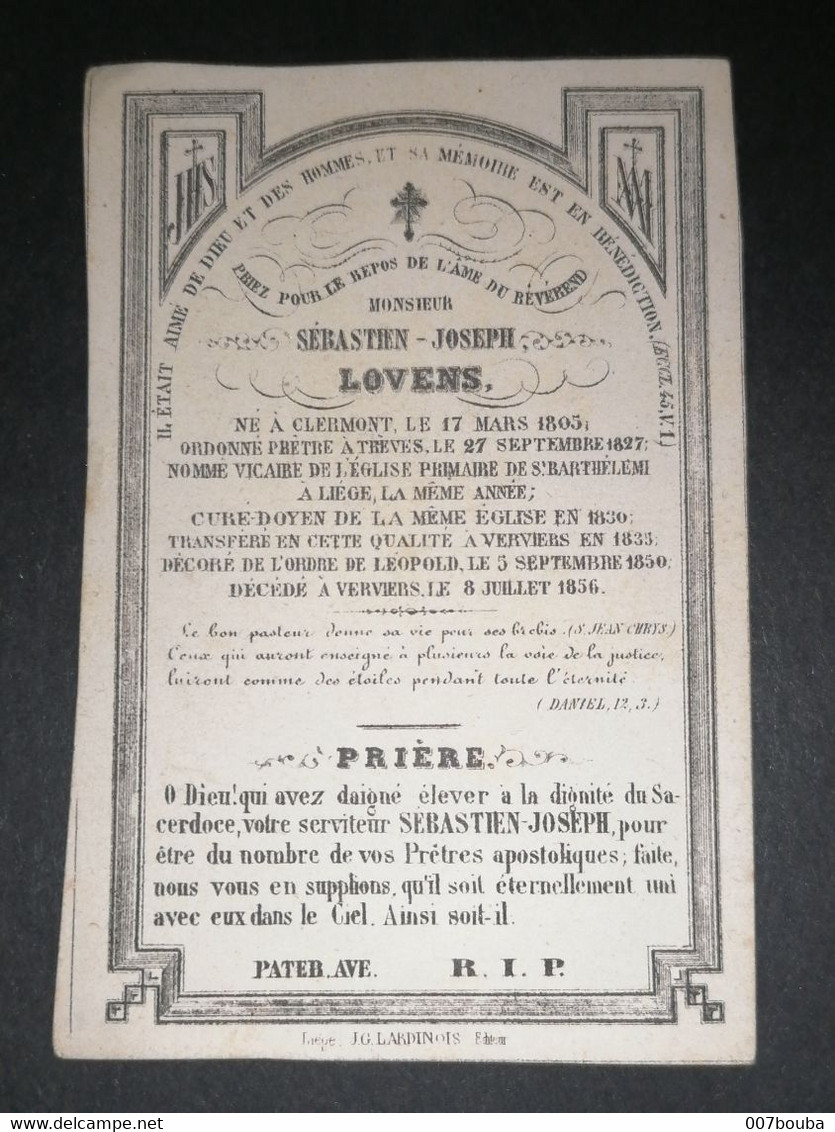 Sébastien-Joseph Lovens /Curé Doyen De Verviers /né à Clermont 1805, Décédé à Verviers En 1856 - Overlijden