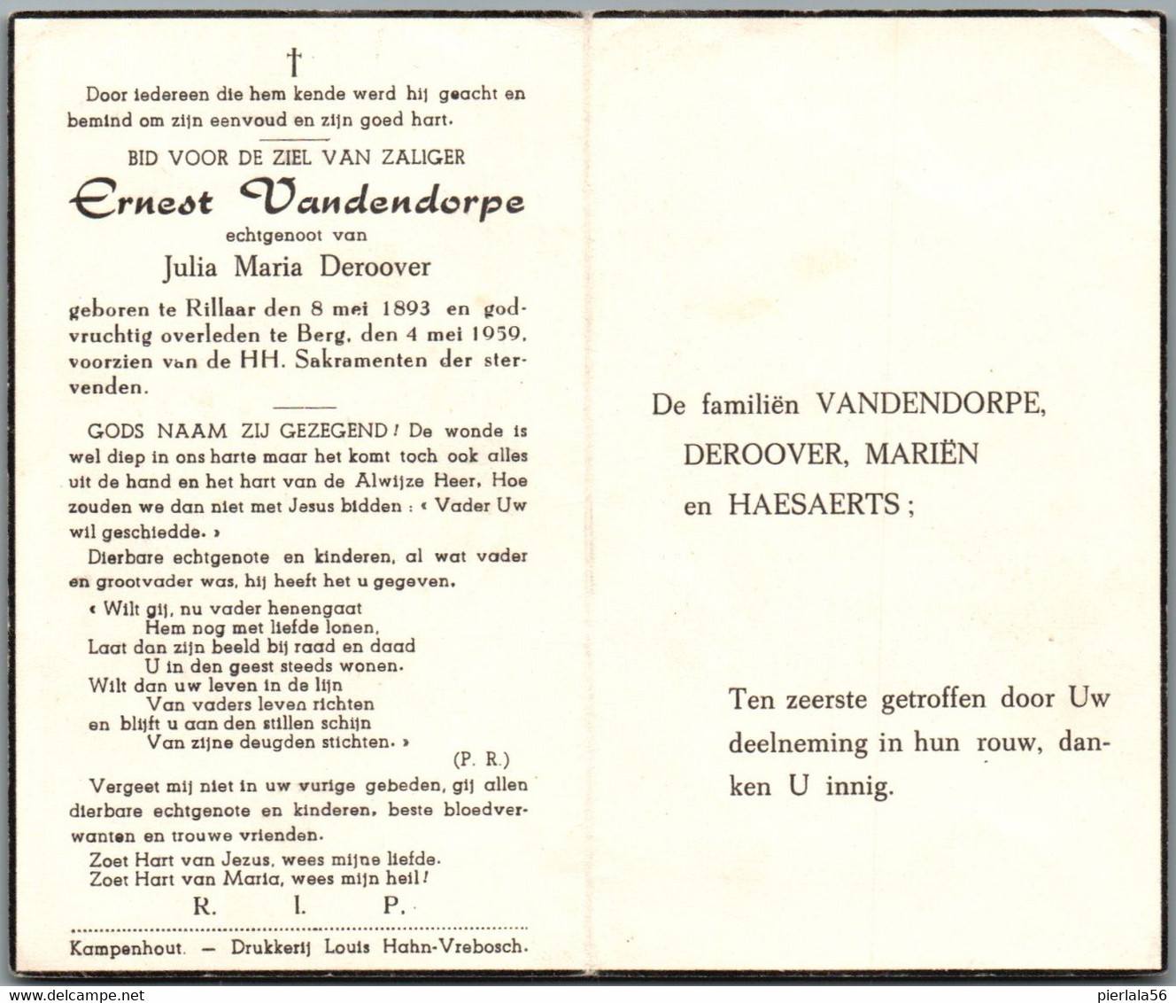 Bidprentje Rillaar - Vandendorpe Ernest (1893-1959) - Images Religieuses