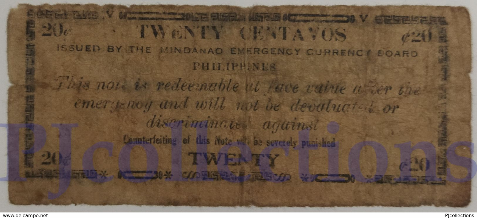 PHILIPPINES 20 CENTAVOS 1943 PICK S493 VG EMERGENCY BANKNOTE - Filippine