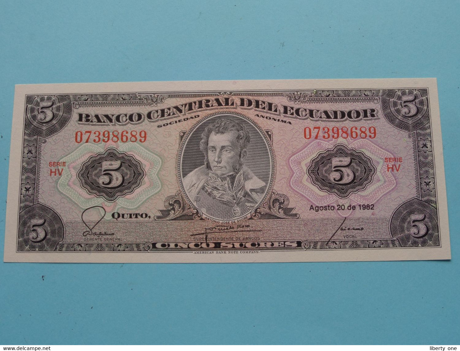 5 - Cinco Sucres ( 07398689 ) Serie HV - 1982 Ecuador ( For Grade, Please See Photo ) UNC ! - Ecuador