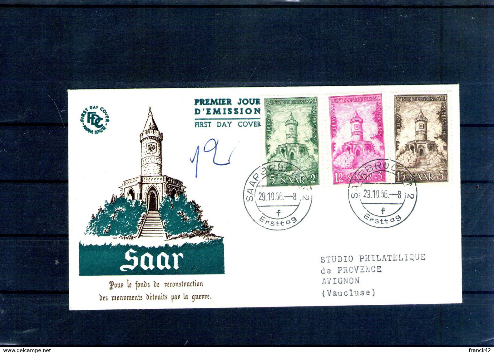Sarre. Enveloppe Fdc. Au Profit Du Fonds De Reconstruxtion Des Monuments Sarrois. 1956 - FDC