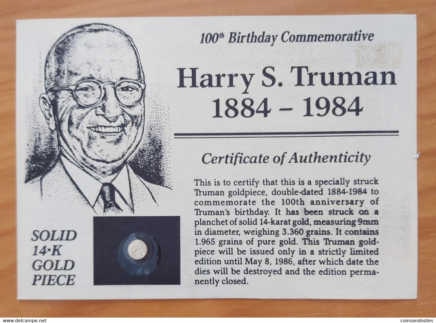 USA 1984 - 100th Anniversary Harry S.Truman - 14Kt Gold Piece - Collections