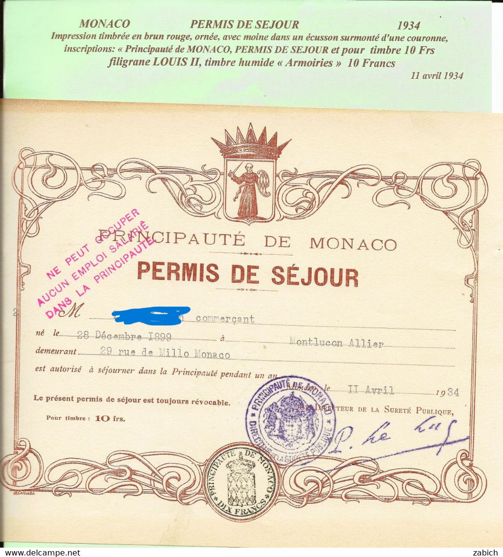 FISCAUX  MONACO TRES RARE PERMIS DE SEJOUR DE 1934 GRAND TIMBRE à 10 Francs "blason" 1/2 Filigrane LOUIS II - Fiscales