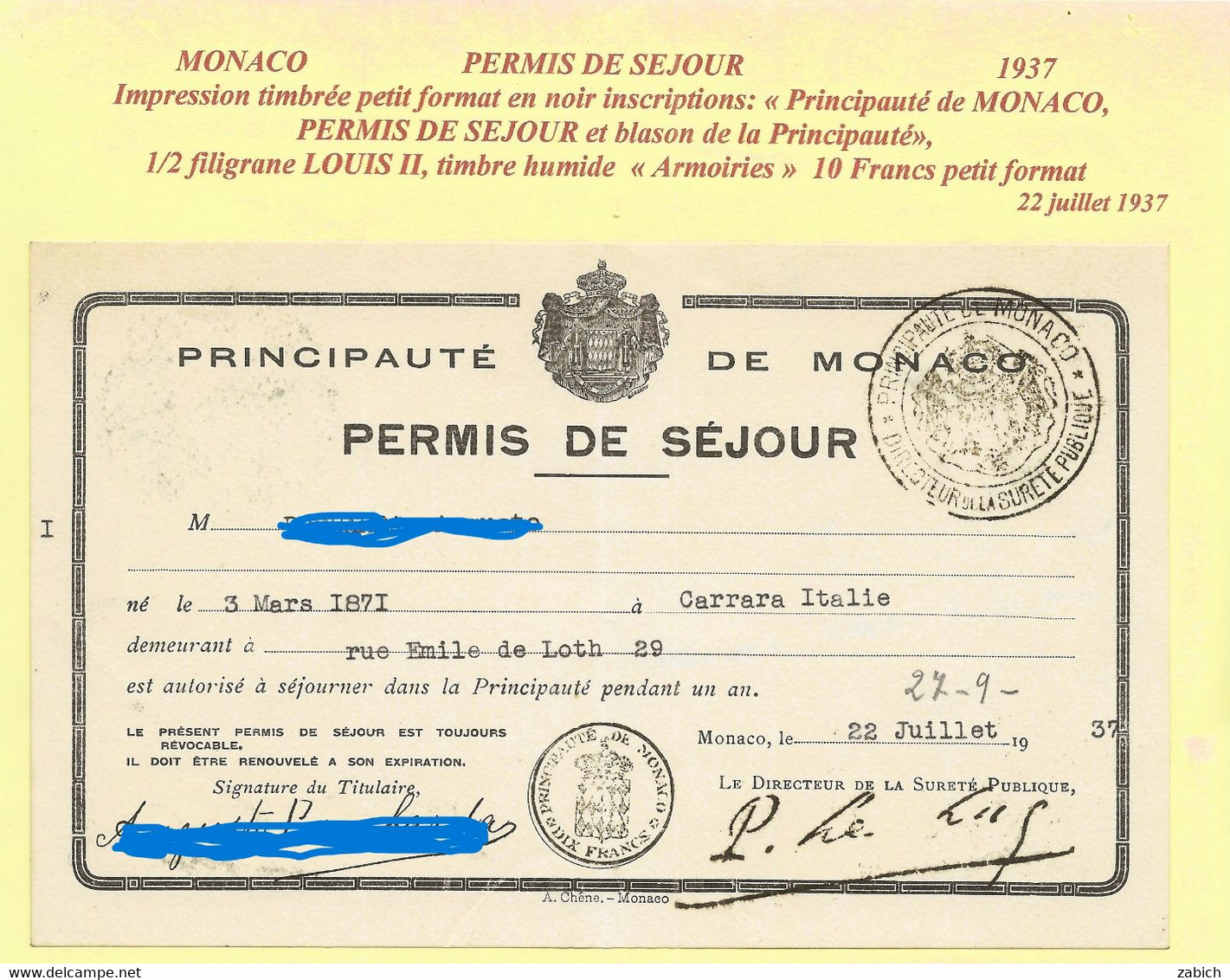 FISCAUX  MONACO TRES RARE PERMIS DE SEJOUR DE 1937 PETIT TIMBRE à 10 Francs "blason" 1/2 Filigrane LOUIS II - Fiscales