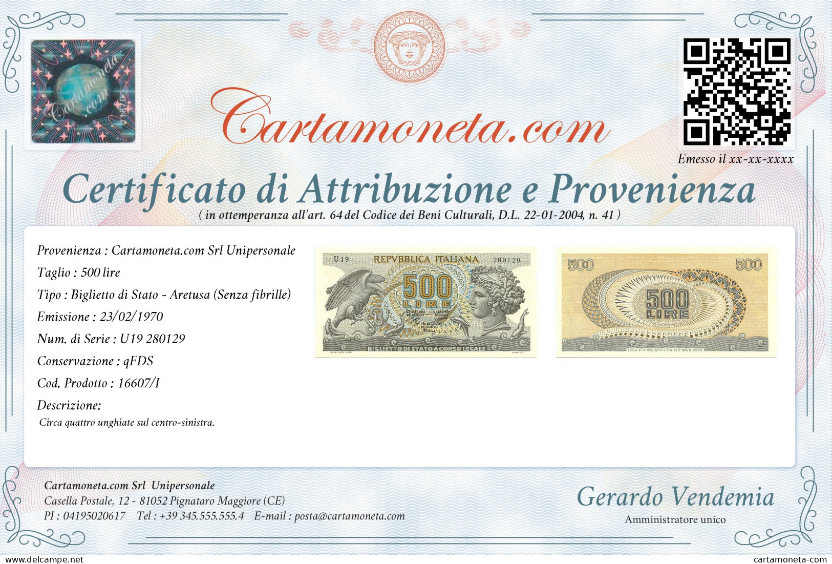 500 LIRE BIGLIETTO DI STATO ARETUSA SENZA FIBRILLE 23/02/1970 QFDS - Altri & Non Classificati