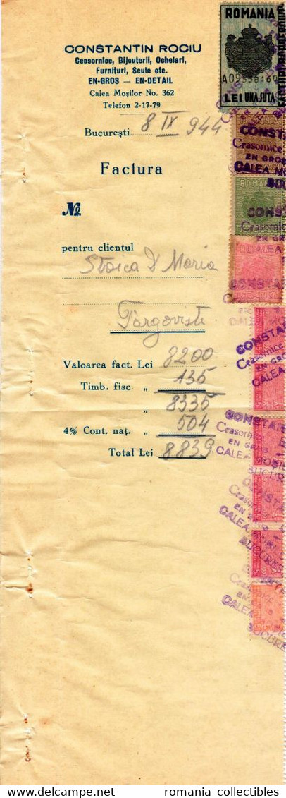 Romania, 1944, Vintage Invoice Stub / Receipt - Revenues / Fiscal Stamps / Cinderellas - Fiscaux