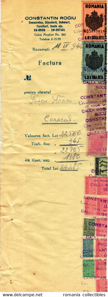 Romania, 1944, Vintage Invoice Stub / Receipt - Revenues / Fiscal Stamps / Cinderellas - Revenue Stamps