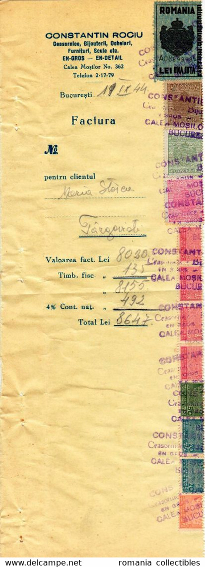 Romania, 1944, Vintage Invoice Stub / Receipt - Revenues / Fiscal Stamps / Cinderellas - Fiscali