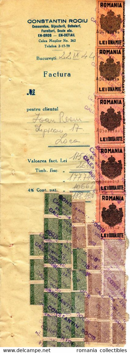 Romania, 1944, Vintage Invoice Stub / Receipt - Revenues / Fiscal Stamps / Cinderellas - Fiscale Zegels