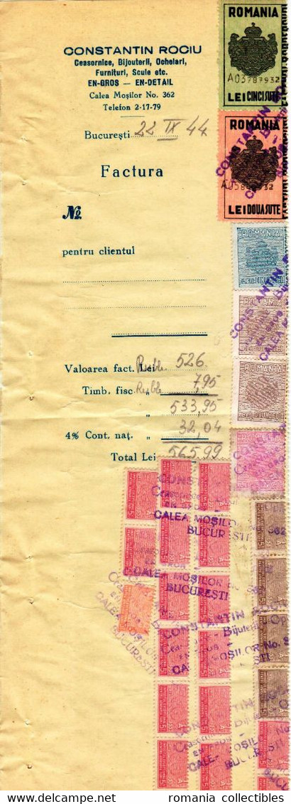 Romania, 1944, Vintage Invoice Stub / Receipt - Revenues / Fiscal Stamps / Cinderellas - Fiscaux