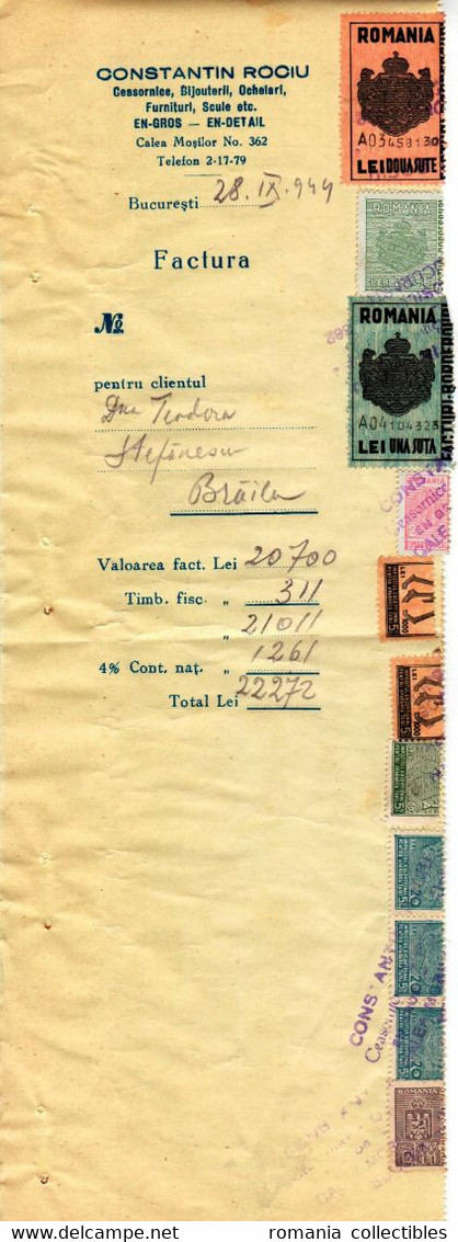 Romania, 1944, Vintage Invoice Stub / Receipt - Revenues / Fiscal Stamps / Cinderellas - Fiscale Zegels