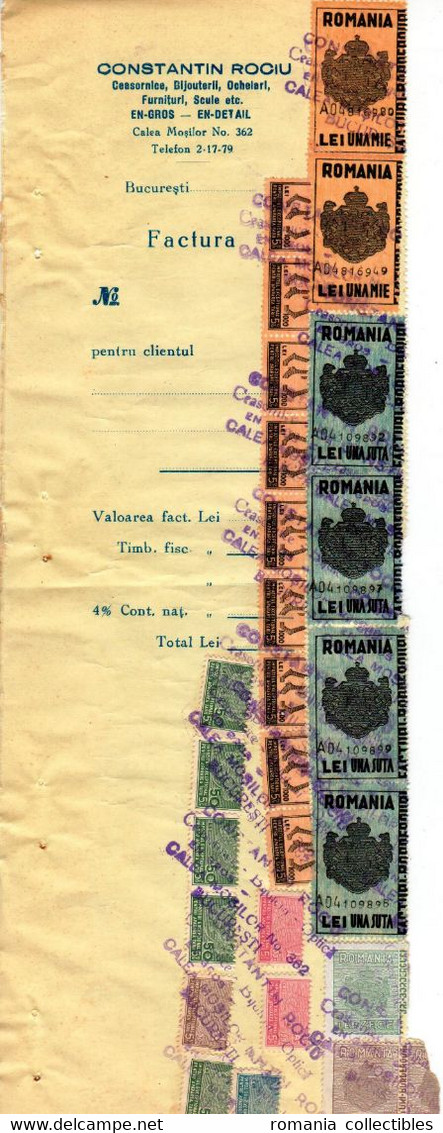 Romania, 1944, Vintage Invoice Stub / Receipt - Revenues / Fiscal Stamps / Cinderellas - Fiscale Zegels