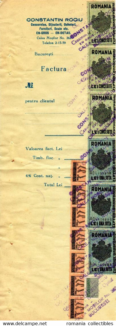 Romania, 1944, Vintage Invoice Stub / Receipt - Revenues / Fiscal Stamps / Cinderellas - Revenue Stamps