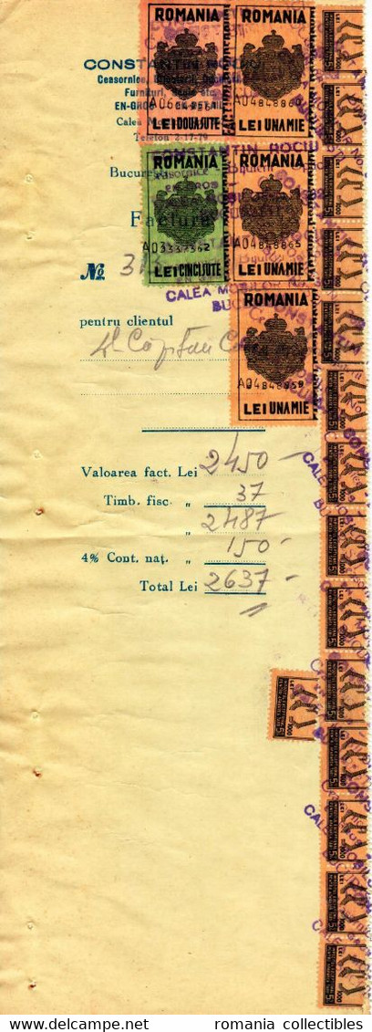 Romania, 1944, Vintage Invoice Stub / Receipt - Revenues / Fiscal Stamps / Cinderellas - Fiscales