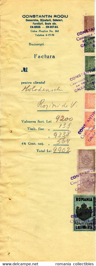 Romania, 1944, Vintage Invoice Stub / Receipt - Revenues / Fiscal Stamps / Cinderellas - Fiscali