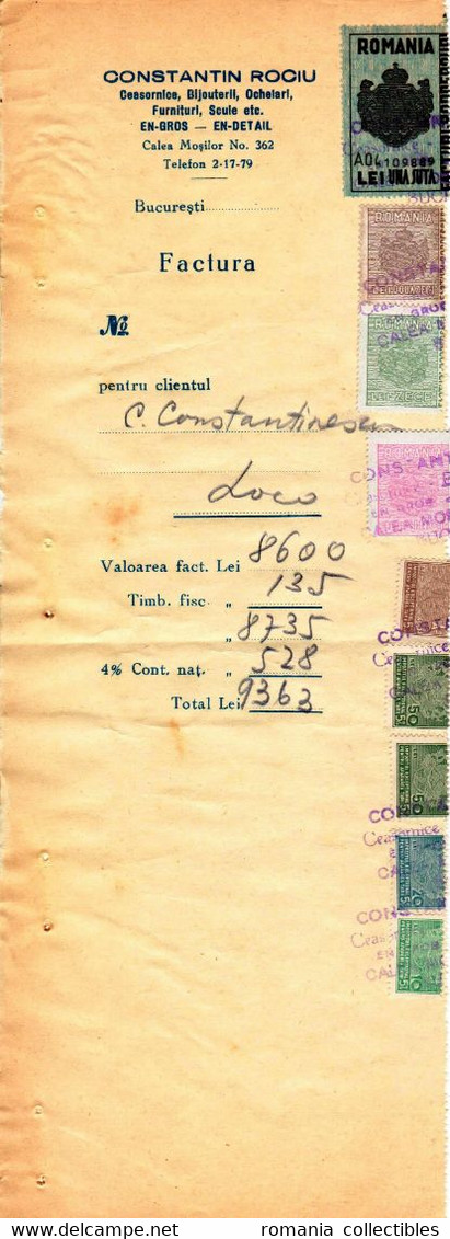 Romania, 1944, Vintage Invoice Stub / Receipt - Revenues / Fiscal Stamps / Cinderellas - Fiscaux