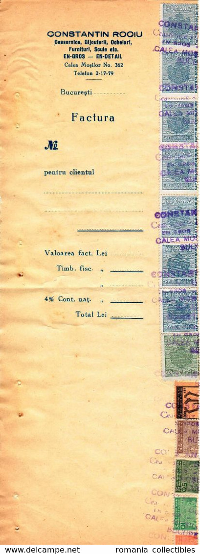 Romania, 1944, Vintage Invoice Stub / Receipt - Revenues / Fiscal Stamps / Cinderellas - Steuermarken