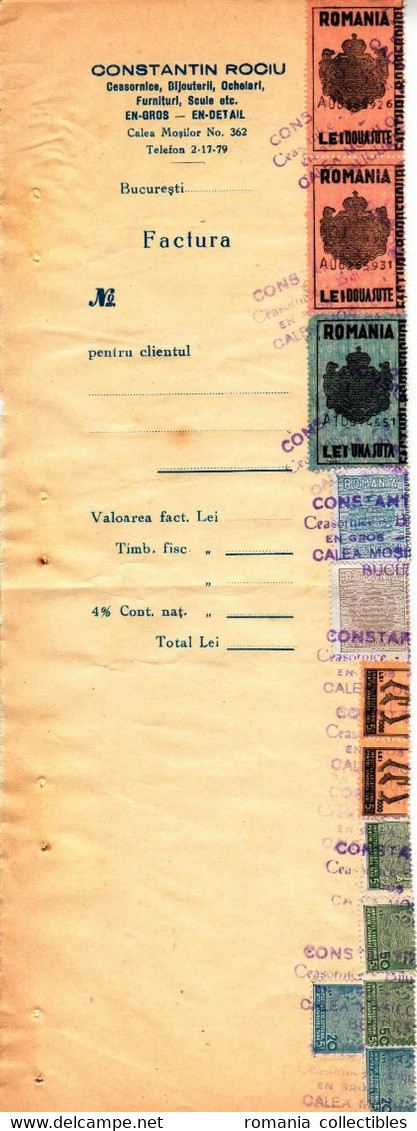 Romania, 1944, Vintage Invoice Stub / Receipt - Revenues / Fiscal Stamps / Cinderellas - Fiscales