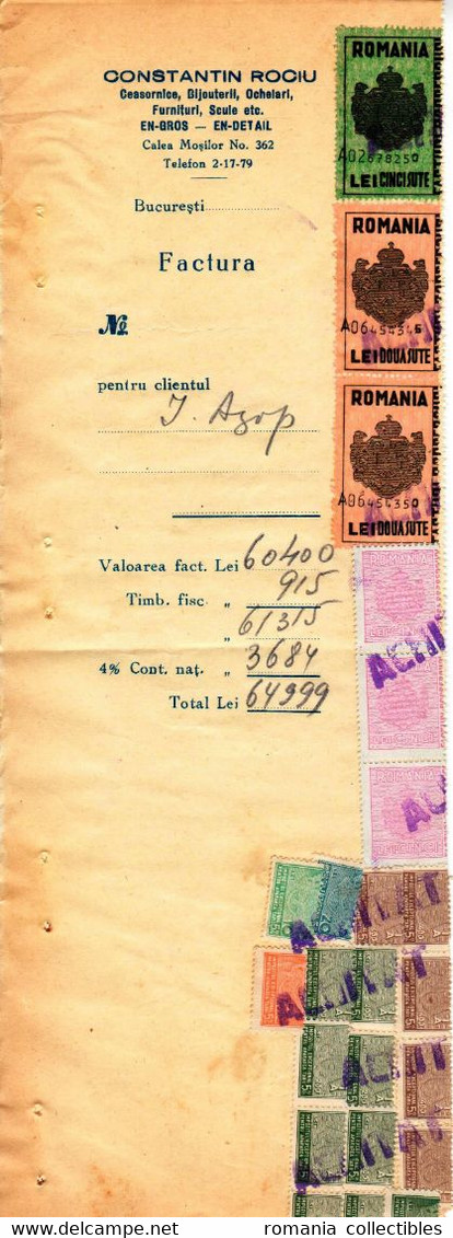 Romania, 1944, Vintage Invoice Stub / Receipt - Revenues / Fiscal Stamps / Cinderellas - Revenue Stamps