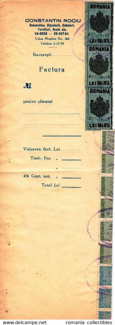 Romania, 1944, Vintage Invoice Stub / Receipt - Revenues / Fiscal Stamps / Cinderellas - Steuermarken