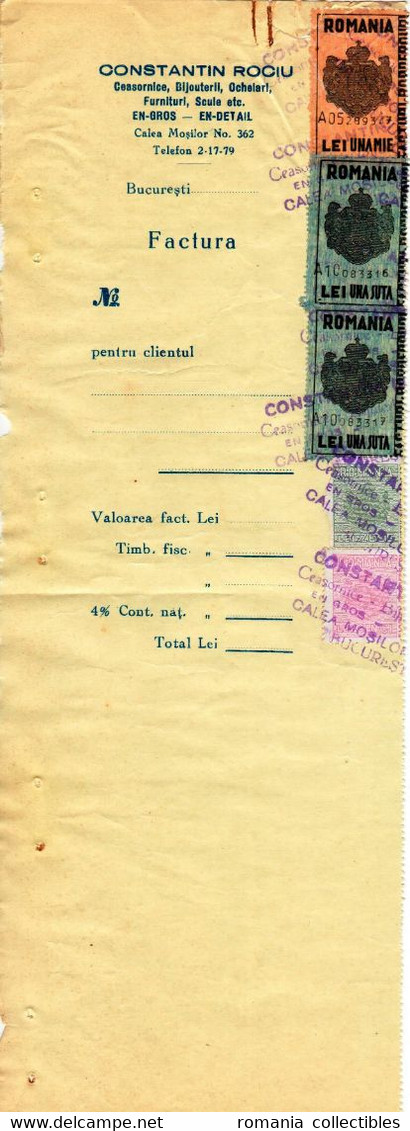 Romania, 1944, Vintage Invoice Stub / Receipt - Revenues / Fiscal Stamps / Cinderellas - Revenue Stamps