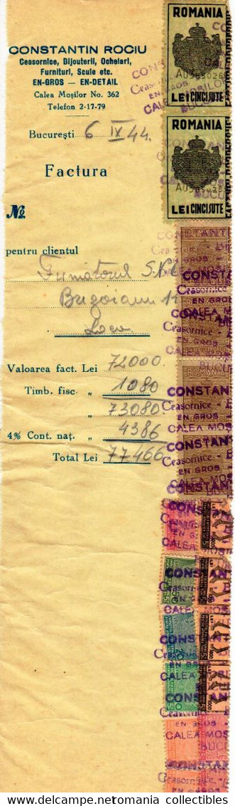 Romania, 1944, Vintage Invoice Stub / Receipt - Revenues / Fiscal Stamps / Cinderellas - Steuermarken