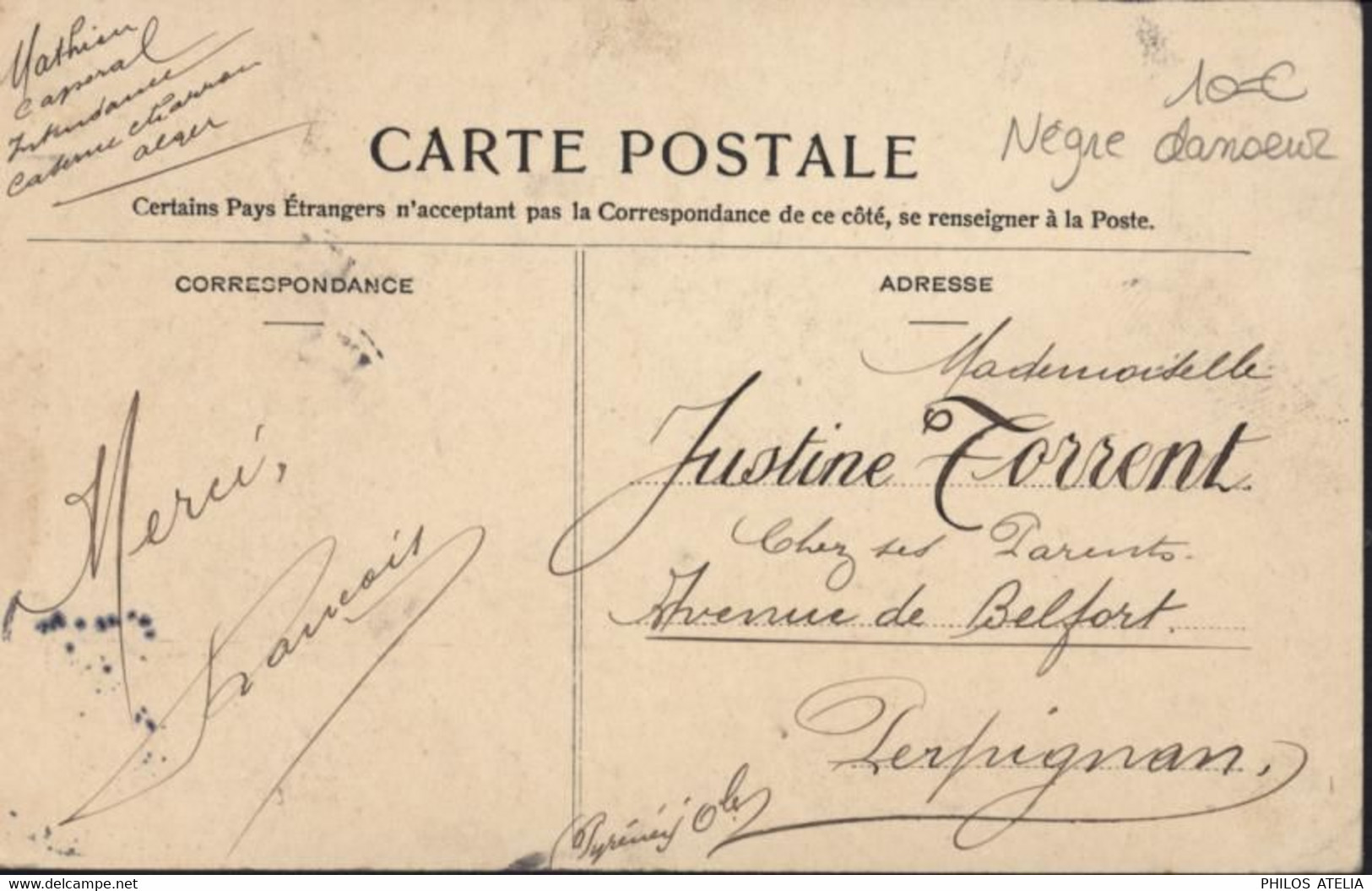 CPA CP Algérie Nègre Danseur YT Blanc N°111 CAD Alger 10 1 1907 - Hommes