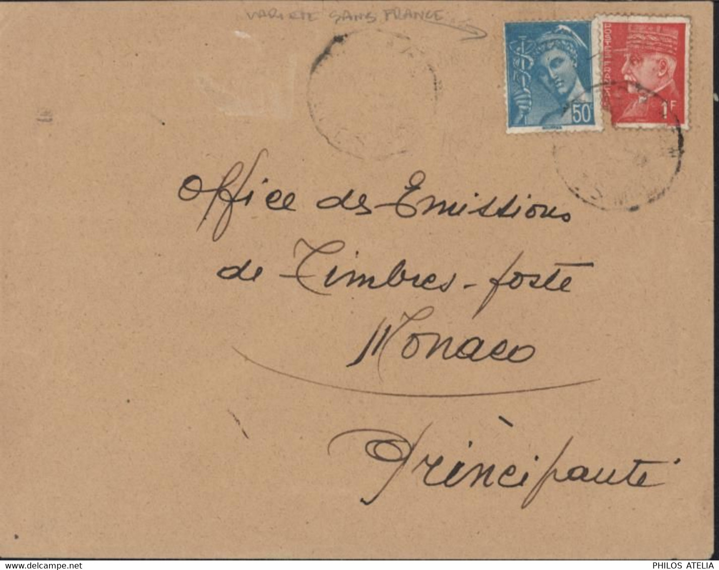 Variété Mercure 50ct Turquoise Sans Légende En Haut à Gauche + YT 514 Pétain Défectueux CAD Peu Lisible - Lettres & Documents