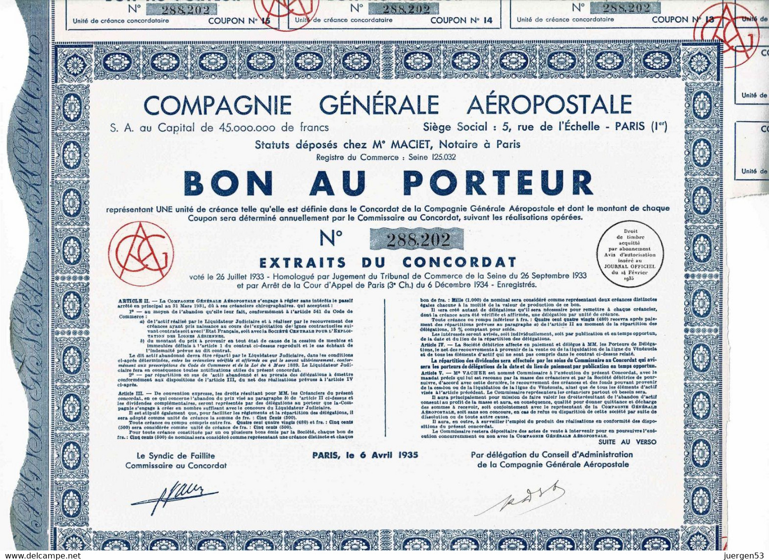 Compagnie Générale Aéropostale, Bon 1935 - Aviazione